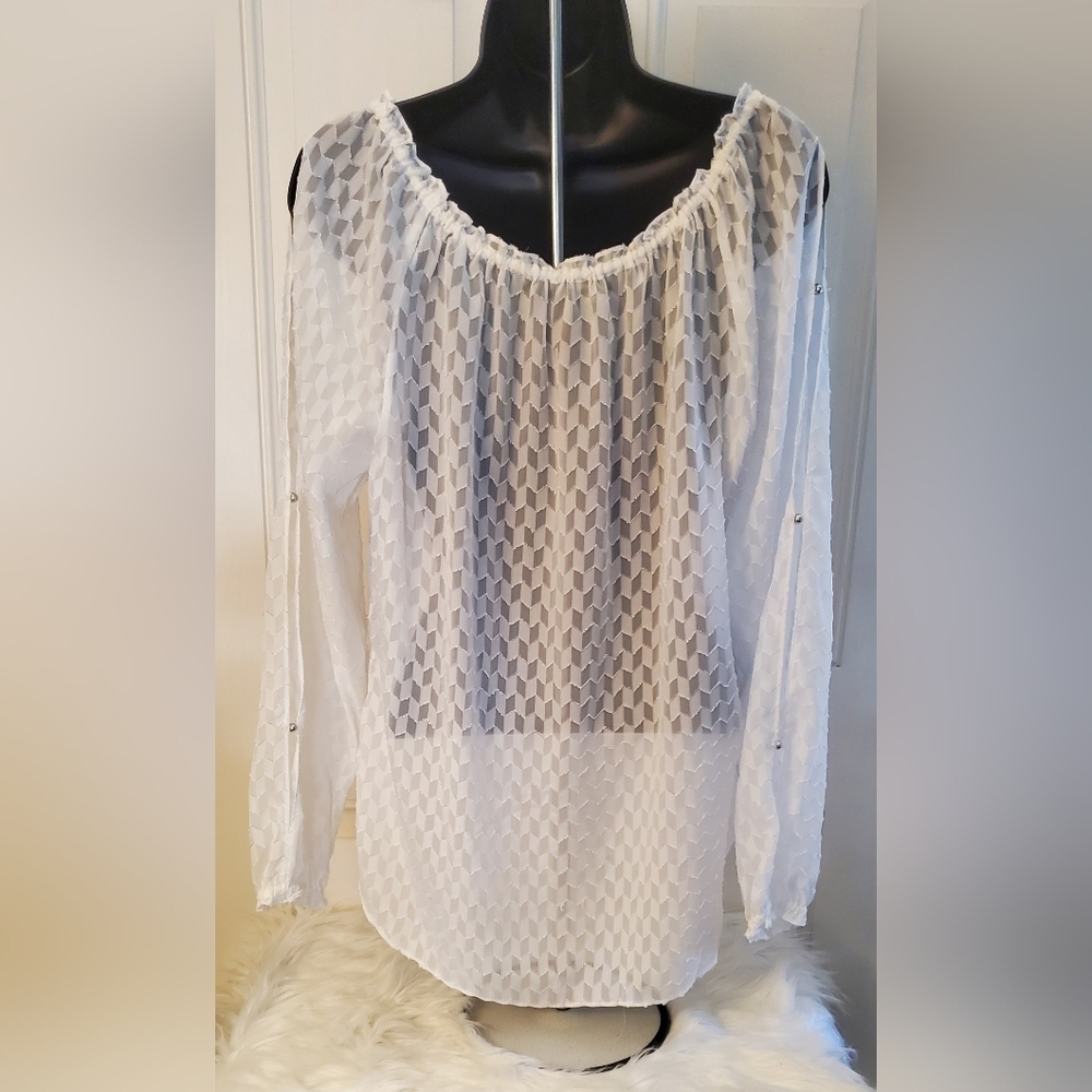 White House Black Market White Sheer Long Sleeve Blouse with Tie Detail Size M - Picture 5 of 9